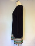JAEGER BLACK WITH FAWN,WHITE & GREEN STRIPE WOOL KNIT DRESS SIZE M