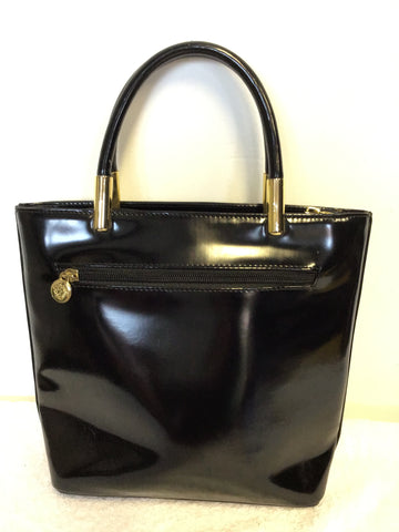VINTAGE GIANNI VERSACE BLACK SHINY LEATHER TOP HANDLE BAG