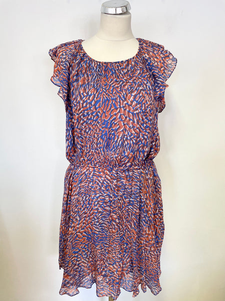 WHISTLES BLUE & ORANGE PRINT SILK FRILL TRIM DRESS SIZE 14