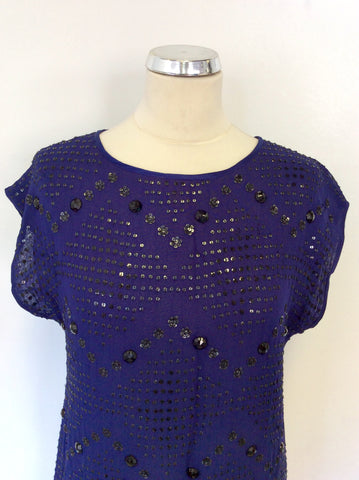 WHISTLES BLUE & BLACK BEADED & SEQUINNED EMBELISHMENT SHIFT DRESS SIZE 10
