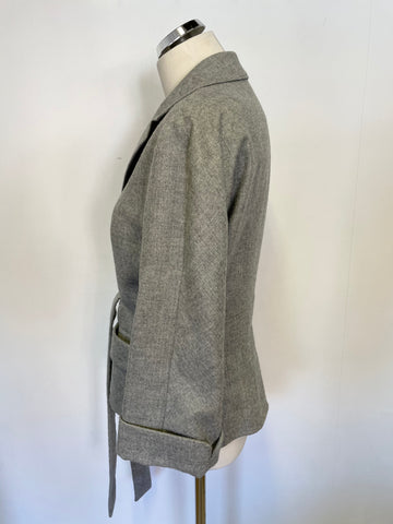 WHISTLES LIGHT GREY 100% WOOL 3/4 SLEEVE TIE BELT JACKET SIZE 14