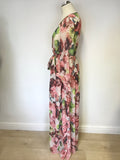 UNBRANDED CORAL & MULTI COLOURED FLORAL PRINT LONG SLEEVE MAXI DRESS SIZE L