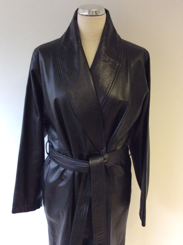 JASPER CONRAN BLACK LEATHER BELTED LONG COAT SIZE 12 FIT SIZE 14/16