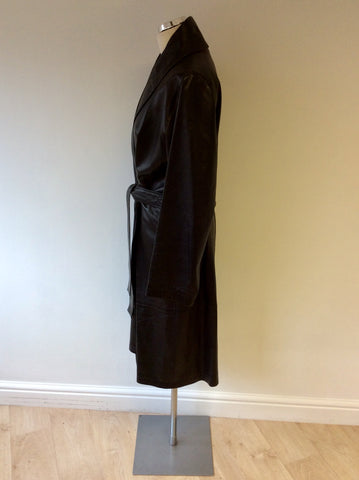 JASPER CONRAN BLACK LEATHER BELTED LONG COAT SIZE 12 FIT SIZE 14/16