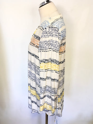 JAEGER WHITE & MULTI COLOURED PRINT LONG SLEEVE WITH TIE CUFF TUNIC TOP SIZE 12