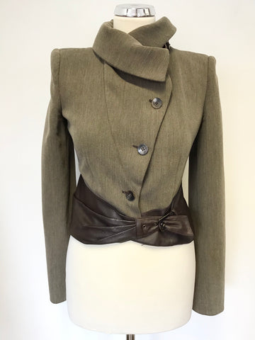 ARMANI COLLEZIONI BROWN WOOL BLEND WITH LEATHER TRIM JACKET & TROUSER SUIT SIZE 40 UK 8