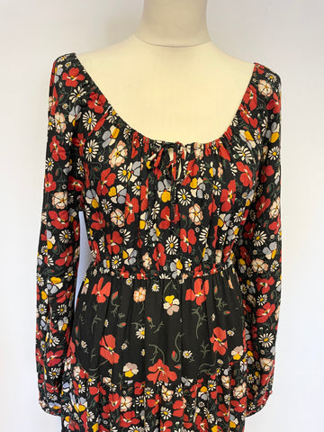 VINTAGE SUZIE G BLACK & MULTI COLOURED FLORAL PRINT ON / OFF SHOULDER DRESS SIZE M