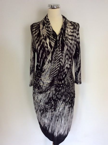 KAREN MILLEN BLACK & BEIGE PRINT DRAPED STRETCH DRESS SIZE 12