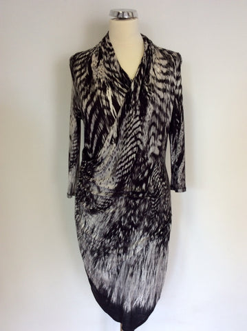 KAREN MILLEN BLACK & BEIGE PRINT DRAPED STRETCH DRESS SIZE 12
