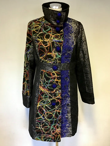 101 IDEES BLACK & MULTI COLOURED DESIGN KNEE LENGTH COAT SIZE L