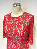 LK BENNETT WARDOUR JELLY BEAN PINK LACE OVERLAY SHORT SLEEVE PENCIL DRESS SIZE 12
