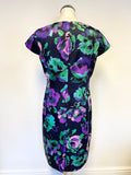 PRECIS NAVY,GREEN & PURPLE FLORAL PRINT CAP SLEEVE PENCIL DRESS SIZE 14