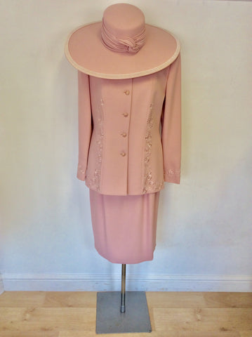 CONDICI SET PINK EMBROIDERED & BEADED JACKET & SKIRT SUIT SIZE 14 & MATCHING HAT