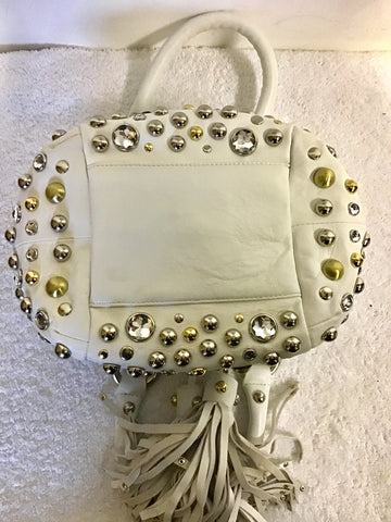 KAREN MILLEN WHITE LEATHER STUDDED TASSEL TRIM HAND BAG
