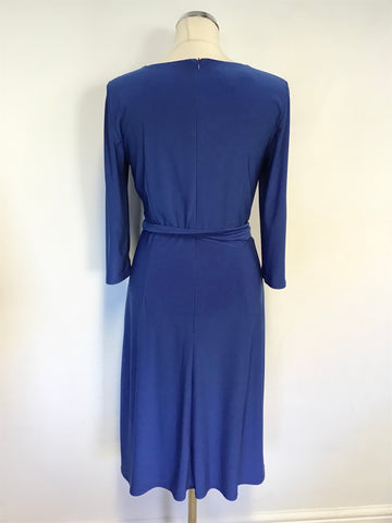 HOBBS BLUE V NECKLINE 3/4 SLEEVE TIE BELT FIT & FLARE DRESS SIZE 12