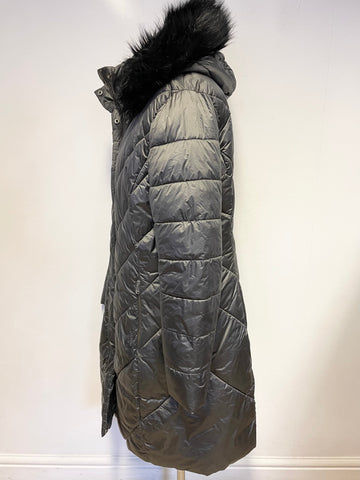BARBOUR REESDALE CHARCOAL FUR TRIM HOODED QUILTED PADDED LIGHTWEIGHT COAT SIZE 16