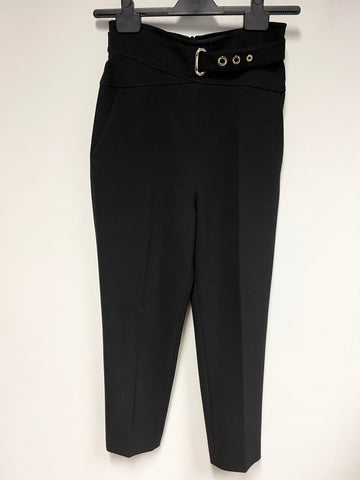 KAREN MILLEN BLACK HIGH RISE BUCKLE TRIM TAPERED LEG TROUSERS SIZE 10