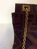 FENDI MALVA BROWN CLOTH & LEATHER TRIM GOLD CHAIN SHOULDER STRAP BAGUETTE