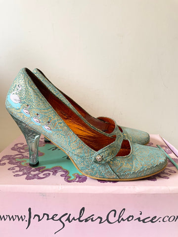 IRREGULAR CHOICE TURQUOISE & GOLD PAISLEY PRINT PERSPEX HEELS SIDE 7/40