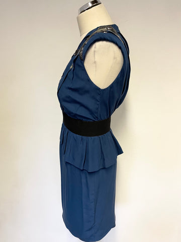 WHISTLES BLUE SILK BEADED SHOULDER PEPLUM WAIST TRIM OCCASION PENCIL DRESS SIZE 8