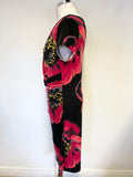 JOSEPH RIBKOFF BLACK & RED POPPY PRINT STRETCH JERSEY DRESS  SIZE 16