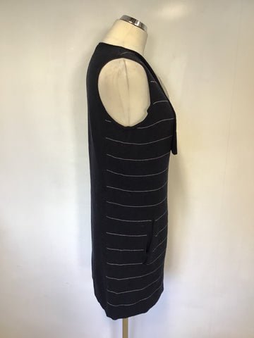 MINT VELVET DARK BLUE & CREAM PINSTRIPE WOOL BLEND SLEEVELESS TIE SIDE JACKET SIZE M