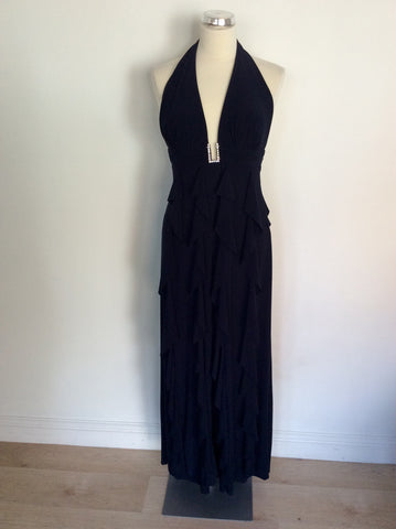 BETSY & ADAM BYLINDA BERNELL NAVY BLUE LONG FRILL TRIM EVENING DRESS SIZE 10