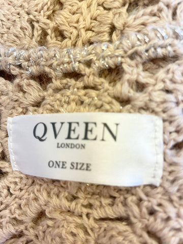 QVEEN LONDON NUDE PINK & SILVER METALLIC THREAD WOOL BLEND CROCHET PONCHO ONE SIZE