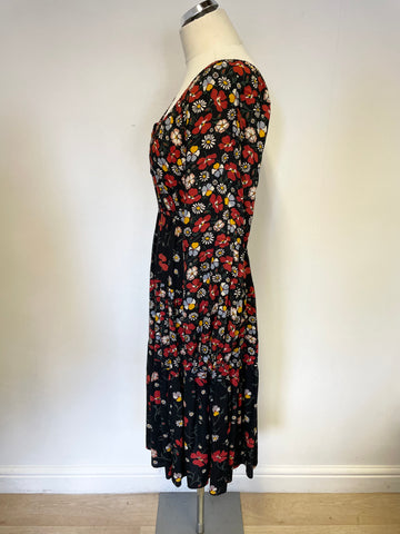 VINTAGE SUZIE G BLACK & MULTI COLOURED FLORAL PRINT ON / OFF SHOULDER DRESS SIZE M
