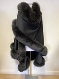 HUNDRED PERCENT CASHMERE DARK GREY FUR TRIM LARGE WRAP AROUND ONE SIZE