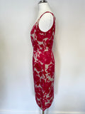LK BENNETT RED & CREAM PRINT COTTON & SILK PRINT SLEEVELESS PENCIL DRESS SIZE 6
