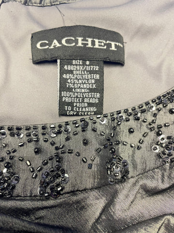 CACHET PEWTER BEAD TRIMMED RUCHED SLEEVELESS COCKTAIL PENCIL DRESS SIZE 8 UK 12