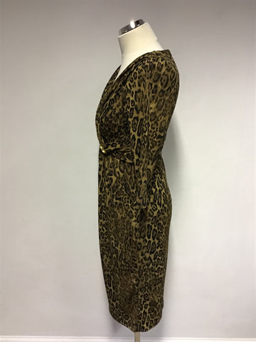 TINA B. NEW YORK BROWN LEOPARD PRINT 3/4 SLEEVE WRAP STYLE DRESS SIZE S UK 10/12