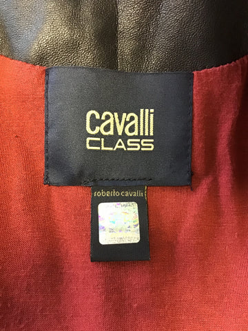 CAVALLI CLASS BLACK SOFT LEATHER PLEATED JACKET WITH GOLD SNAKE CLASP SIZE 10