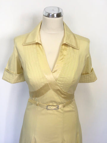 KAREN MILLEN LEMON COTTON & SILK TRIM SHORT SLEEVE BELTED DRESS SIZE 10
