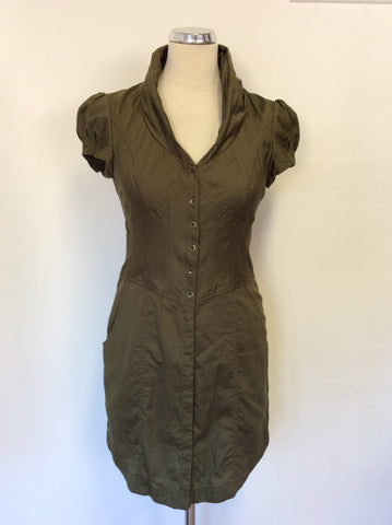 TED BAKER ARMY GREEN COTTON BUTTON FRONT DRESS SIZE 1 UK 8/10