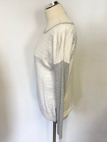 MINT VELVET LIGHT GREY & WHITE SCOOP NECKLINE LONG SLEEVE JUMPER SIZE 10