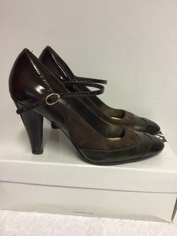 NINE WEST BROWN SUEDE & PATENT LEATHER MARY JANE HEELS SIZE 6.5/39.5