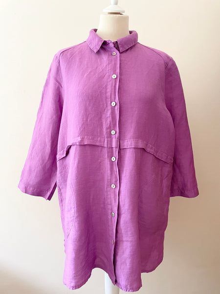 SAHARA PINK LINEN MIX COLLARED 3/4 SLEEVE OVERSIZE SHIRT SIZE M