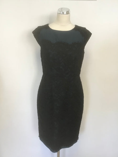 LK BENNETT LAVINIE TEAL & BLACK LACE SPECIAL OCCASION PENCIL DRESS SIZE 12