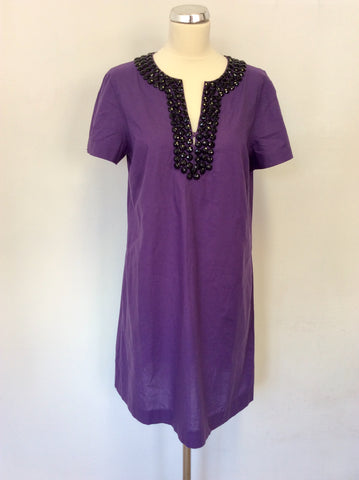 JAEGER PURPLE COTTON & BLACK BEAD EMBELLISHMENT SHIFT DRESS SIZE 12