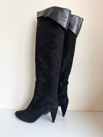 CHARLES JOURDAN BLACK SUEDE & LEATHER TRIM KNEE LENGTH HEEL BOOTS SIZE 5/37