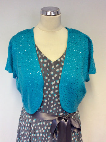 JACQUES VERT TURQOUISE & GREY PRINT OCCASION DRESS & BOLERO CARDIGAN SIZE 16