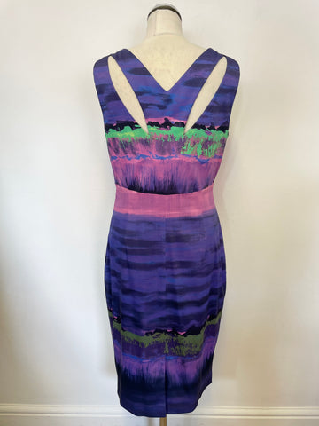 KAREN MILLEN PURPLE,PINK & GREEN PRINT CUT AWAY BACK  SLEEVELESS PENCIL DRESS SIZE 16