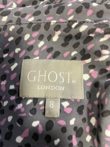 GHOST GREY & PINK PATTERNED LONG SLEEVED STRETCH PENCIL DRESS SIZE 8