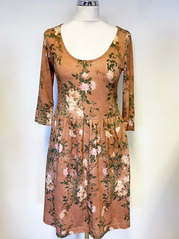 PERUVIAN CONNECTION TERRACOTTA FLORAL PRINT 3/4 SLEEVE JERSEY DRESS SIZE XS