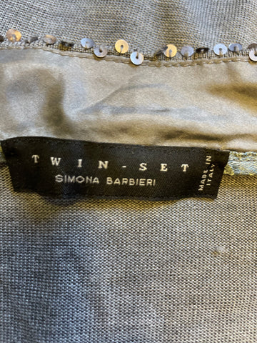 TWIN-SET SIMONA BARBIERI GREY 100% SILK SEQUIN TRIMMED LONG CARDIGAN SIZE XL