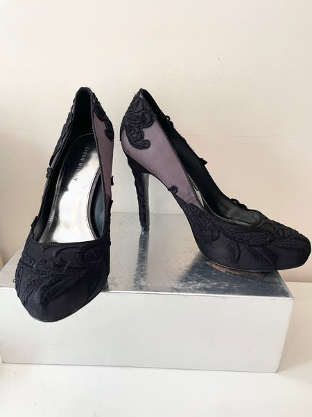 KAREN MILLEN BLACK LACE & DARK GREY SATIN SPECIAL OCCASION HEELS SIZE 6/39