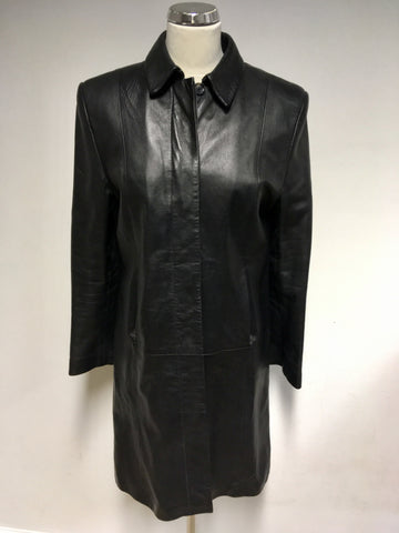 MARKS & SPENCER BLACK SOFT LEATHER LONG LINE JACKET SIZE 14
