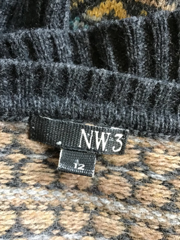 HOBBS NW3 DARK GREY,FAWN & TURQUOISE WOOL BLEND SHORT SLEEVE JUMPER SOZE 12